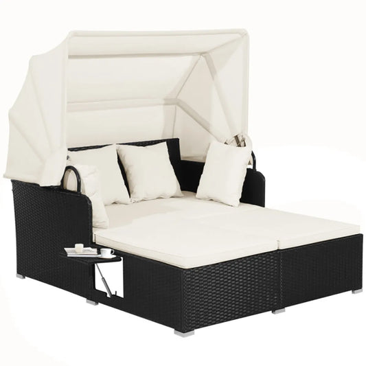 Black Wicker Outdoor Daybed with Retractable Canopy and Side Tables, Cream Cushions