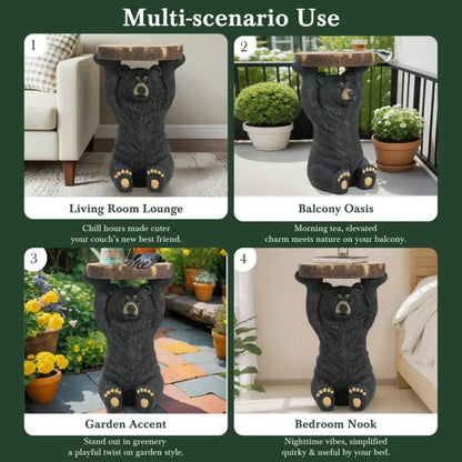 Black Bear Statue Side Table, Hand-Painted Sculpture End Table