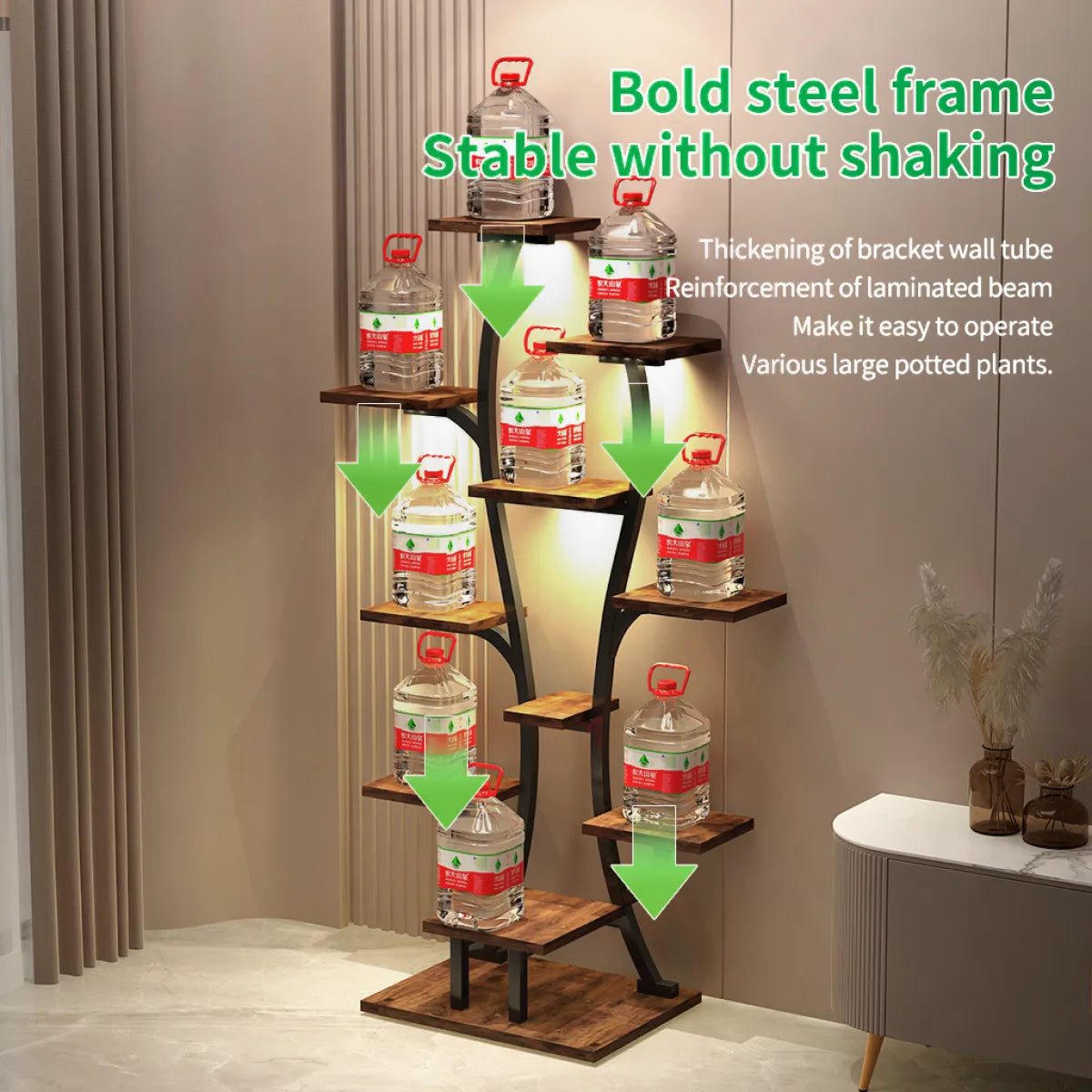 Vase-Shape Metal Plant Stand with Grow Lights, Black Walnut