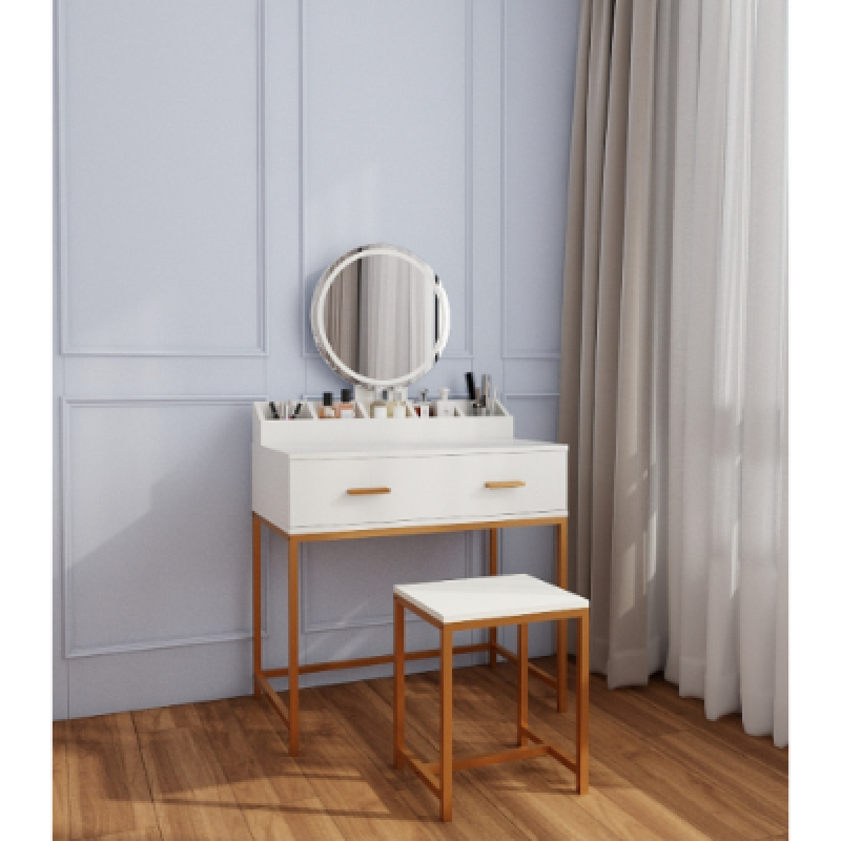 Space-Saving Vanity Set – White & Gold with Mirror, Stool, and Storage Drawer, Bedroom Makeup Station – view 5