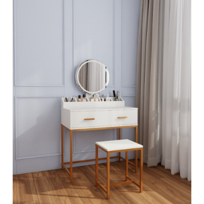 Space-Saving Vanity Set – White & Gold with Mirror, Stool, and Storage Drawer, Bedroom Makeup Station – view 5