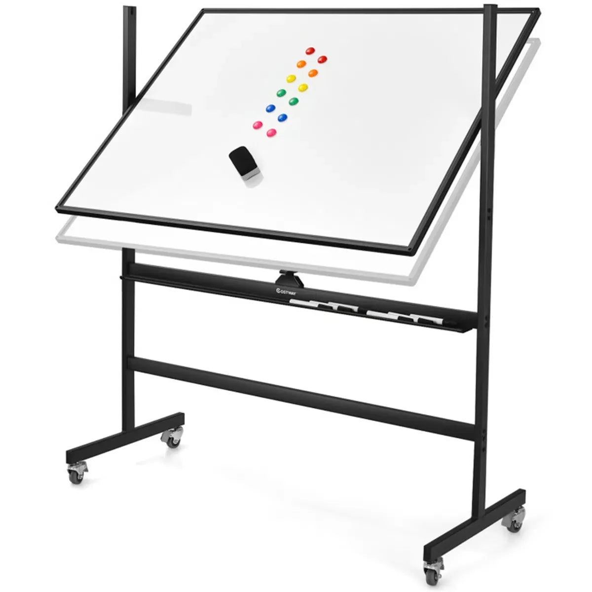 Mobile Magnetic Whiteboard on Wheels, Height Adjustable Double-Sided Reversible