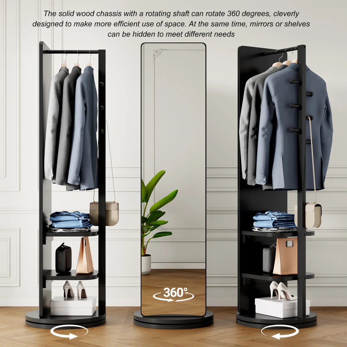 360° Rotating Full-Length Floor Mirror with Coat Rack & Hook Storage, Black – view 3