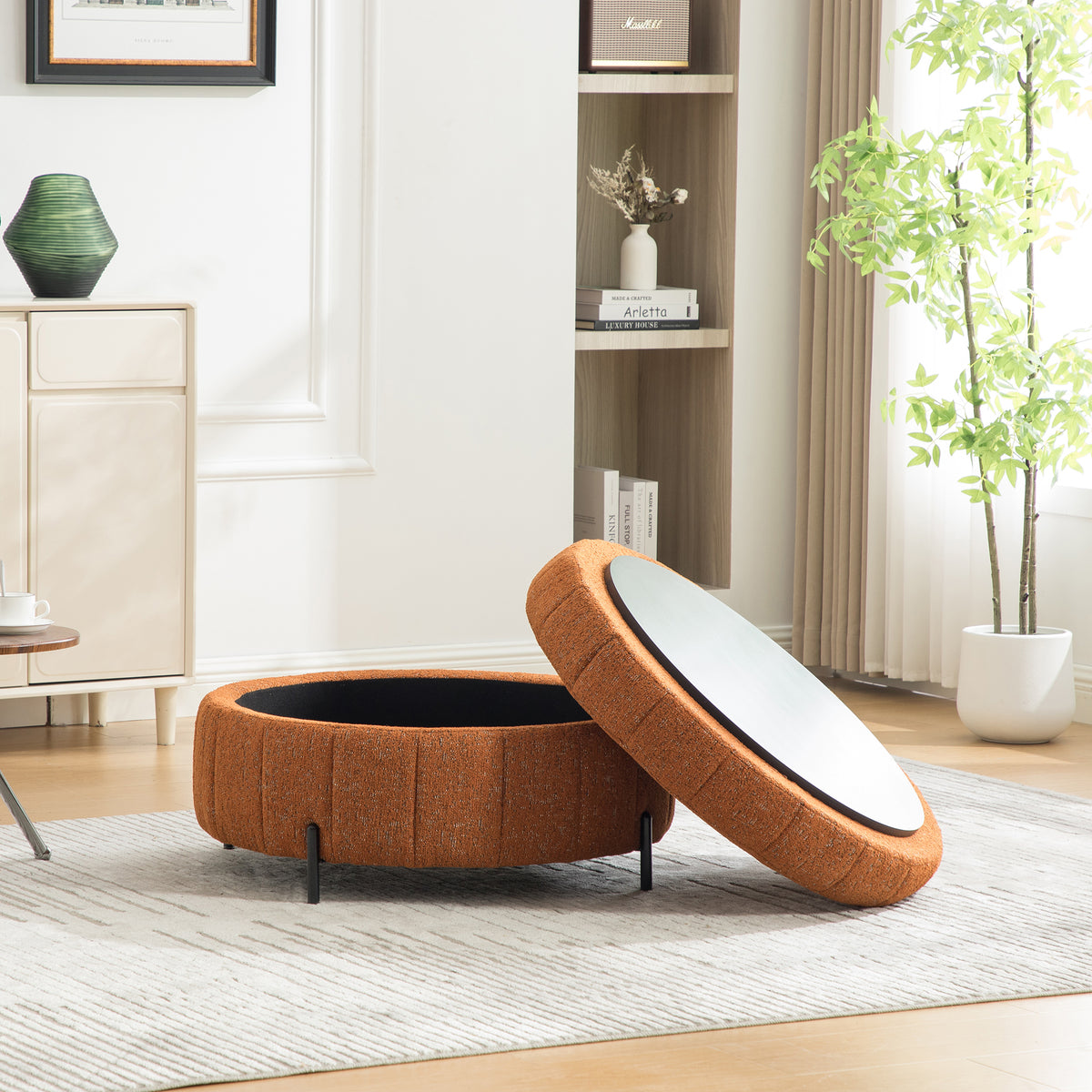 Round Storage Ottoman with Reversible Lid, Orange – alternate view 3
