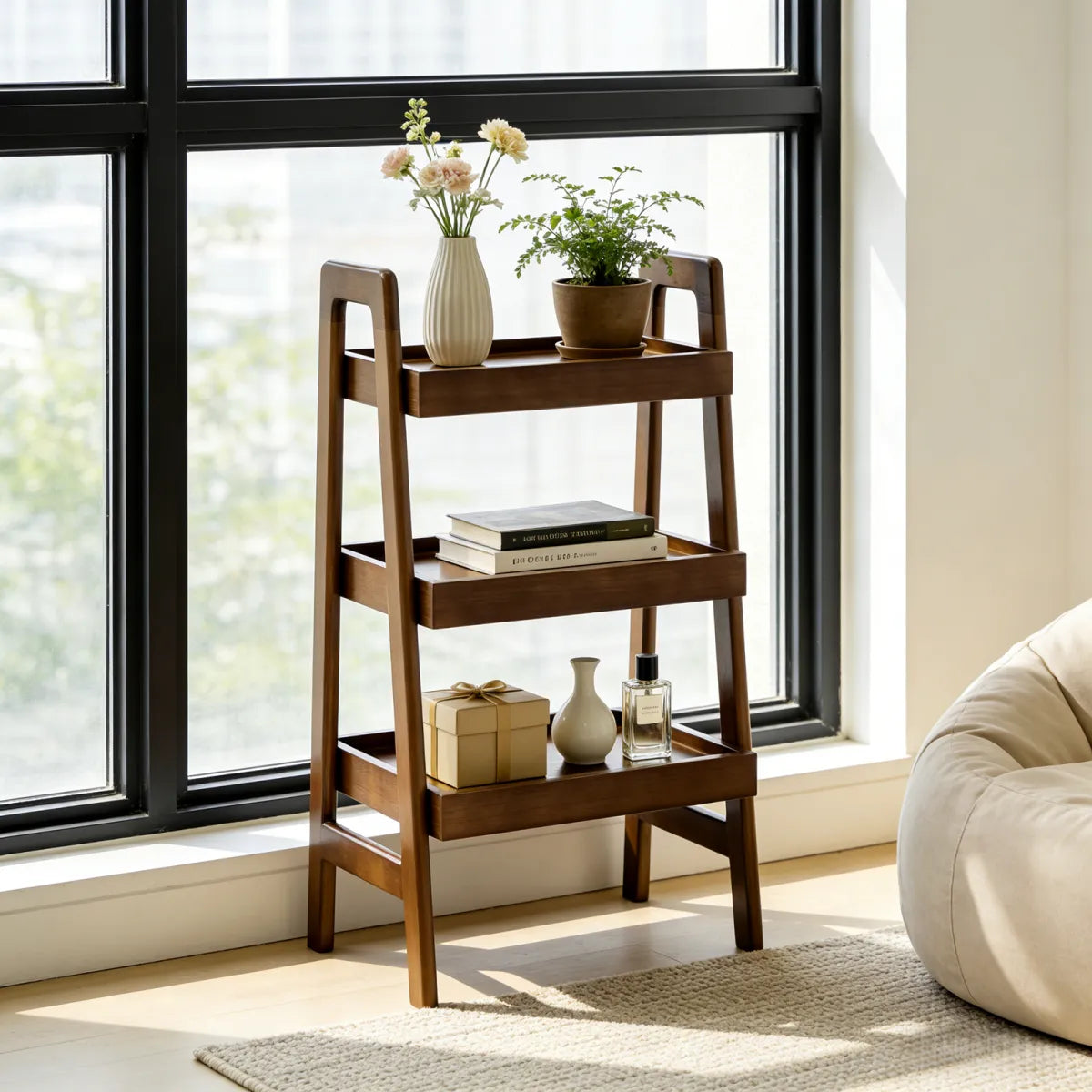 3-Tier Solid Wood Ladder Shelf – Freestanding Bookshelf & Side Table, Walnut – view 2