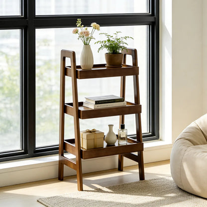 3-Tier Solid Wood Ladder Shelf – Freestanding Bookshelf & Side Table, Walnut – view 2