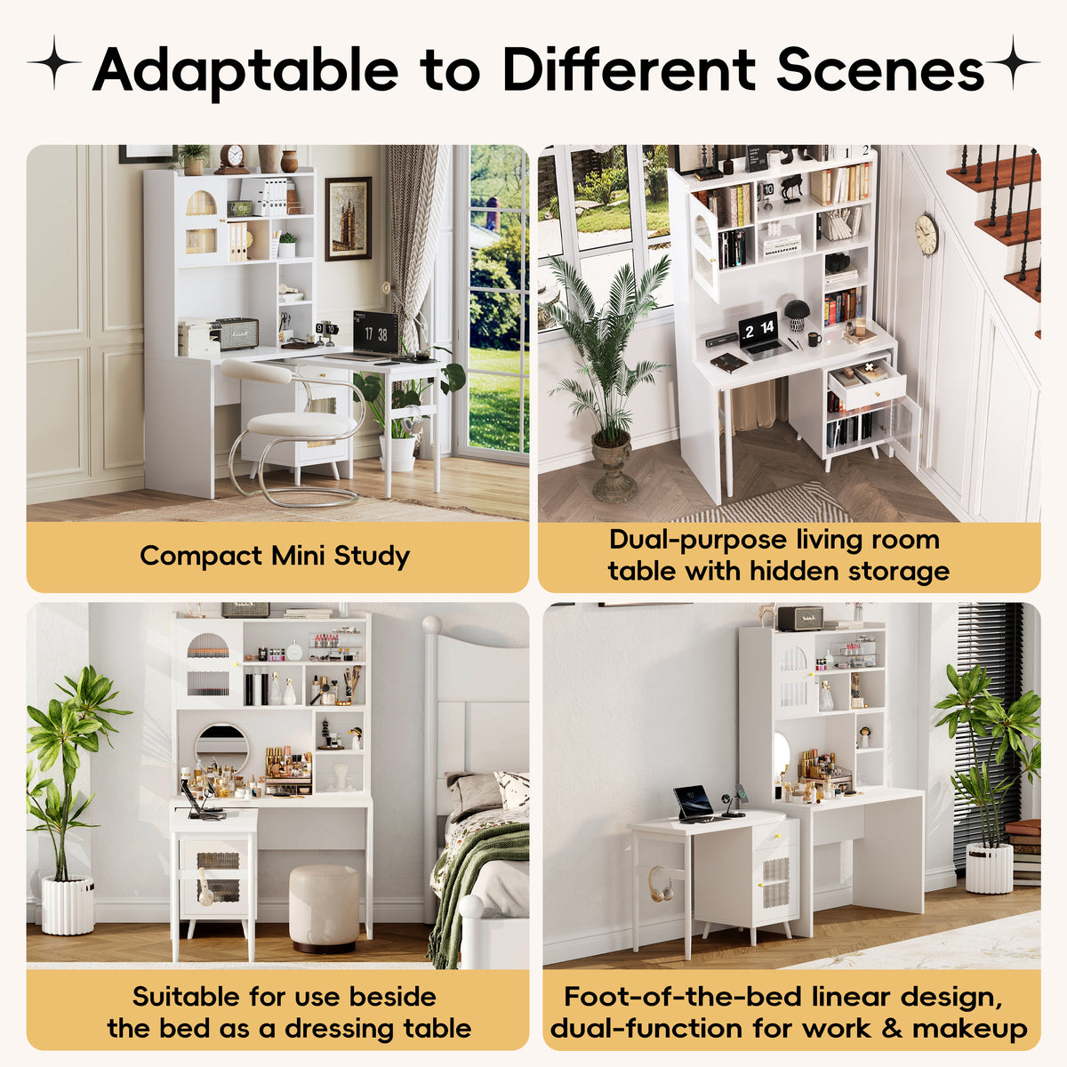 Rotating desktop computer desk with storage, white
