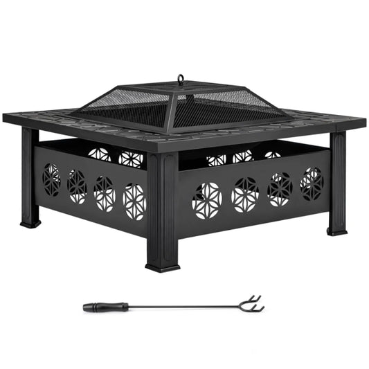 32" Square Wrought Iron Fire Pit Table with Pyramid Screen Lid, Black