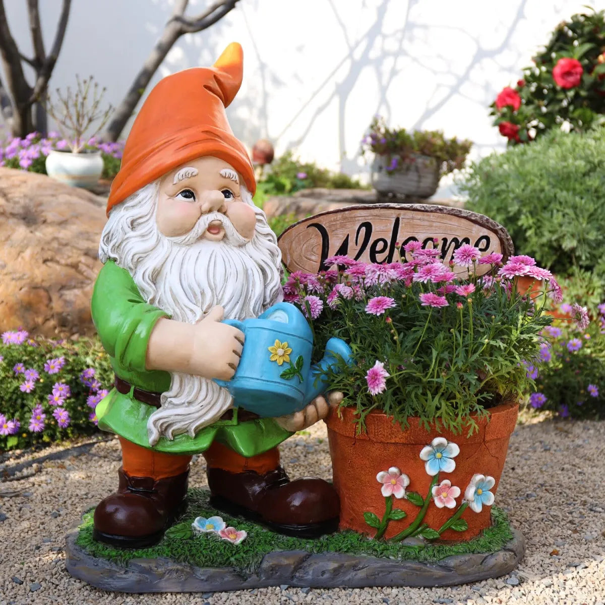 Outdoor Garden Gnome Statue with Flower Pot Planter, Yard Decoration