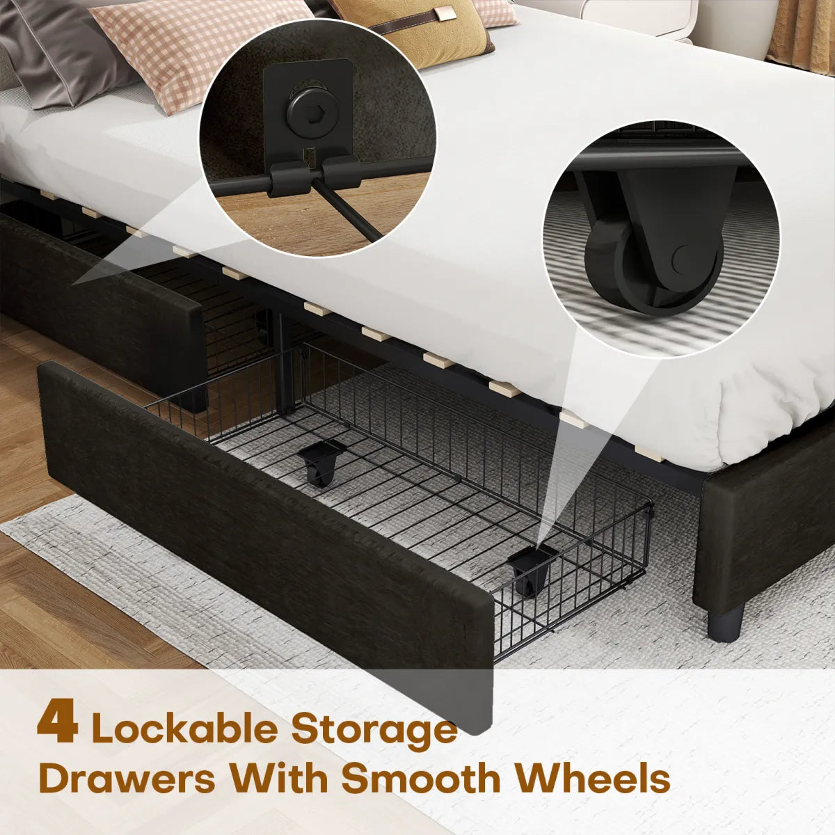 Queen Upholstered Vertical Channel Bed Frame with Storage Drawers