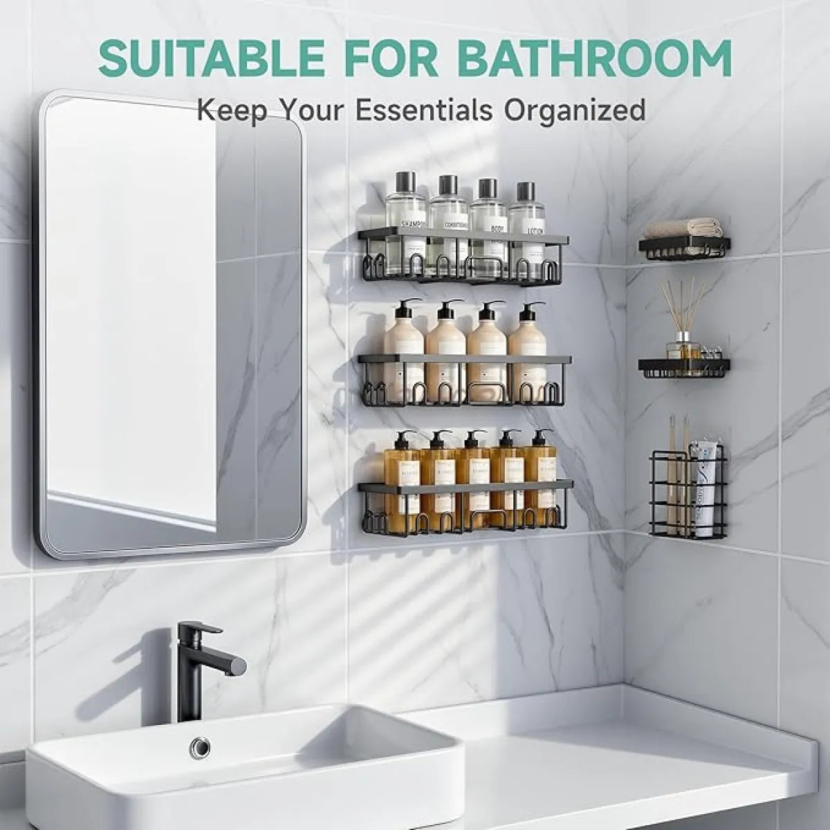 6-Pack Black Shower Caddy Set – Adhesive Bathroom Storage Shelves