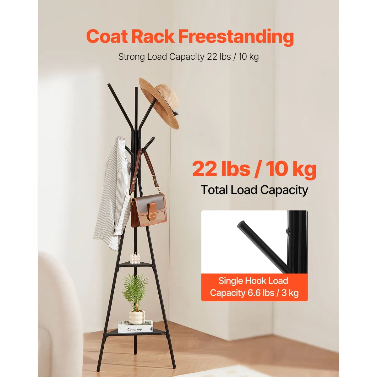 Freestanding Coat Rack with 2 Shelves and 6 Hooks, Black