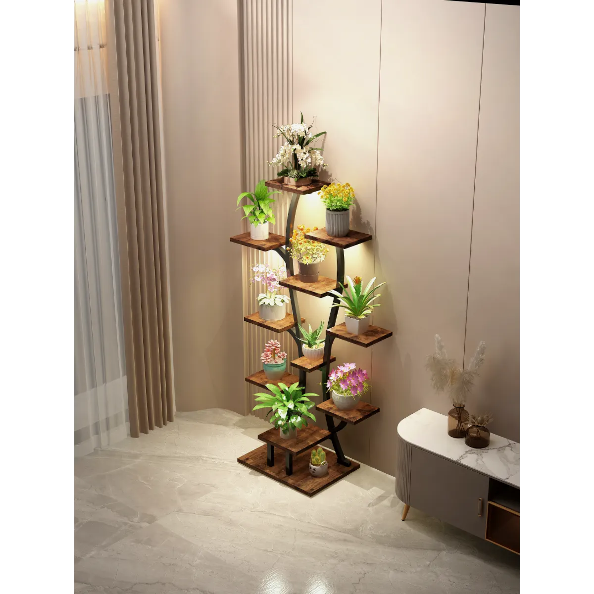 Vase-Shape Metal Plant Stand with Grow Lights, Black Walnut