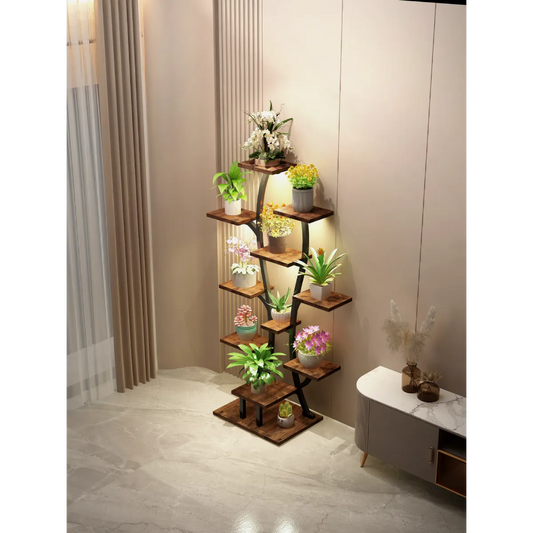 Vase-Shape Metal Plant Stand with Grow Lights, Black Walnut