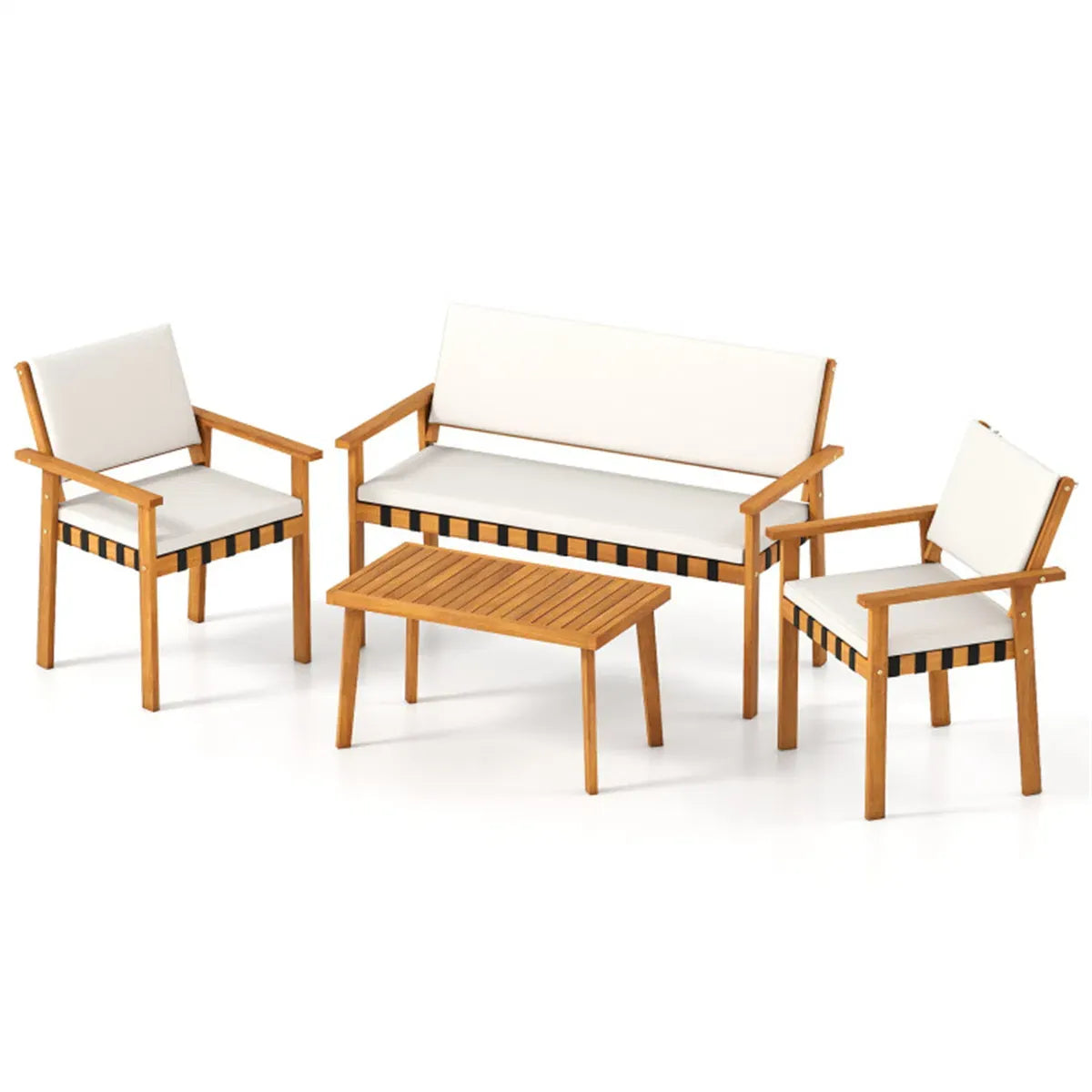 4-Piece Acacia Wood Patio Conversation Set with Cushions, Loveseat, Armchairs and Coffee Table