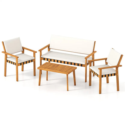 4-Piece Acacia Wood Patio Conversation Set with Cushions, Loveseat, Armchairs and Coffee Table