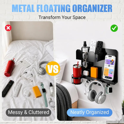 No-Drill Floating Metal Bedside Wall Shelf and Organizer