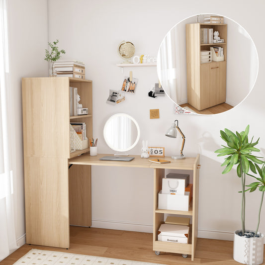Expandable fold-away desk, natural wood
