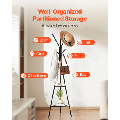 Freestanding Coat Rack with 2 Shelves and 6 Hooks, Black