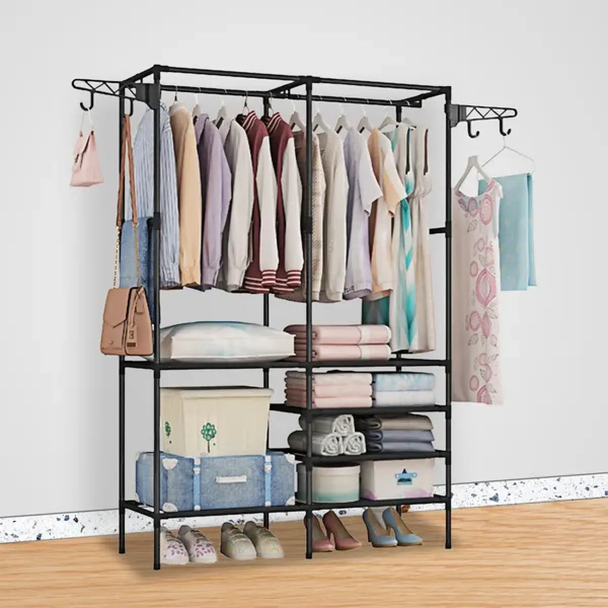 Heavy Duty Metal Garment Rack with Shoe Shelf – Freestanding Clothing Organizer