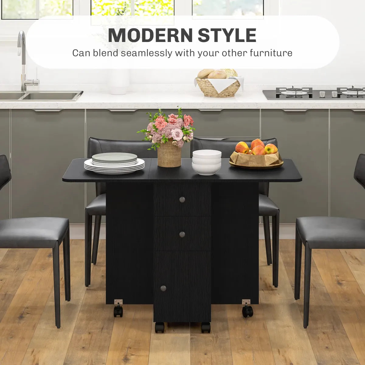 Drop Leaf Dining Table on Wheels with Drawers and Storage Cabinet, Black