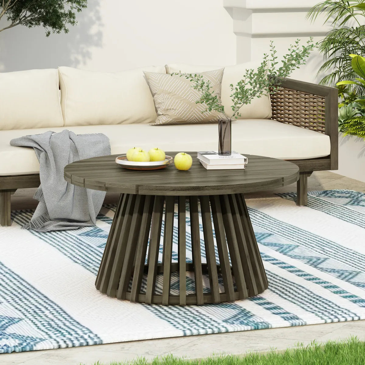 Round Acacia Wood Outdoor Coffee Table, Grey Finish