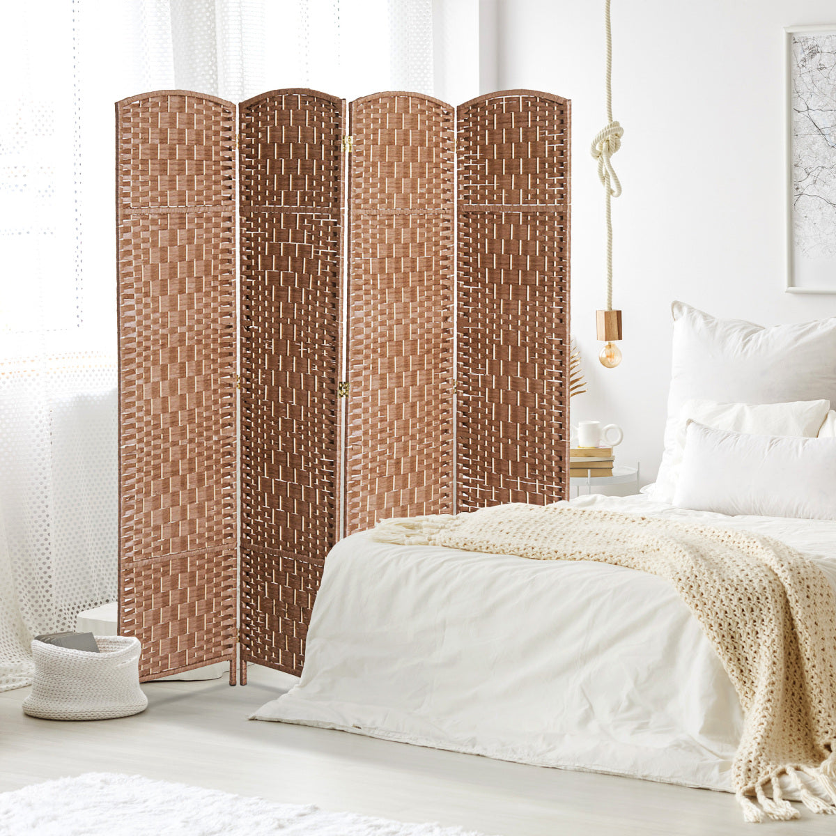 6FT Tall Wicker Weave Room Divider – 4-Panel Folding Privacy Screen, Bedroom & Home Office