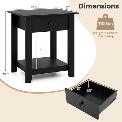 3-Tier Nightstand with Drawer and Open Shelf, Black