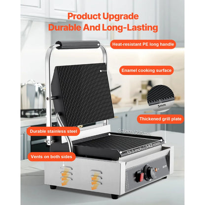 Compact Panini Press – Electric Sandwich Grill with Ribbed Plates