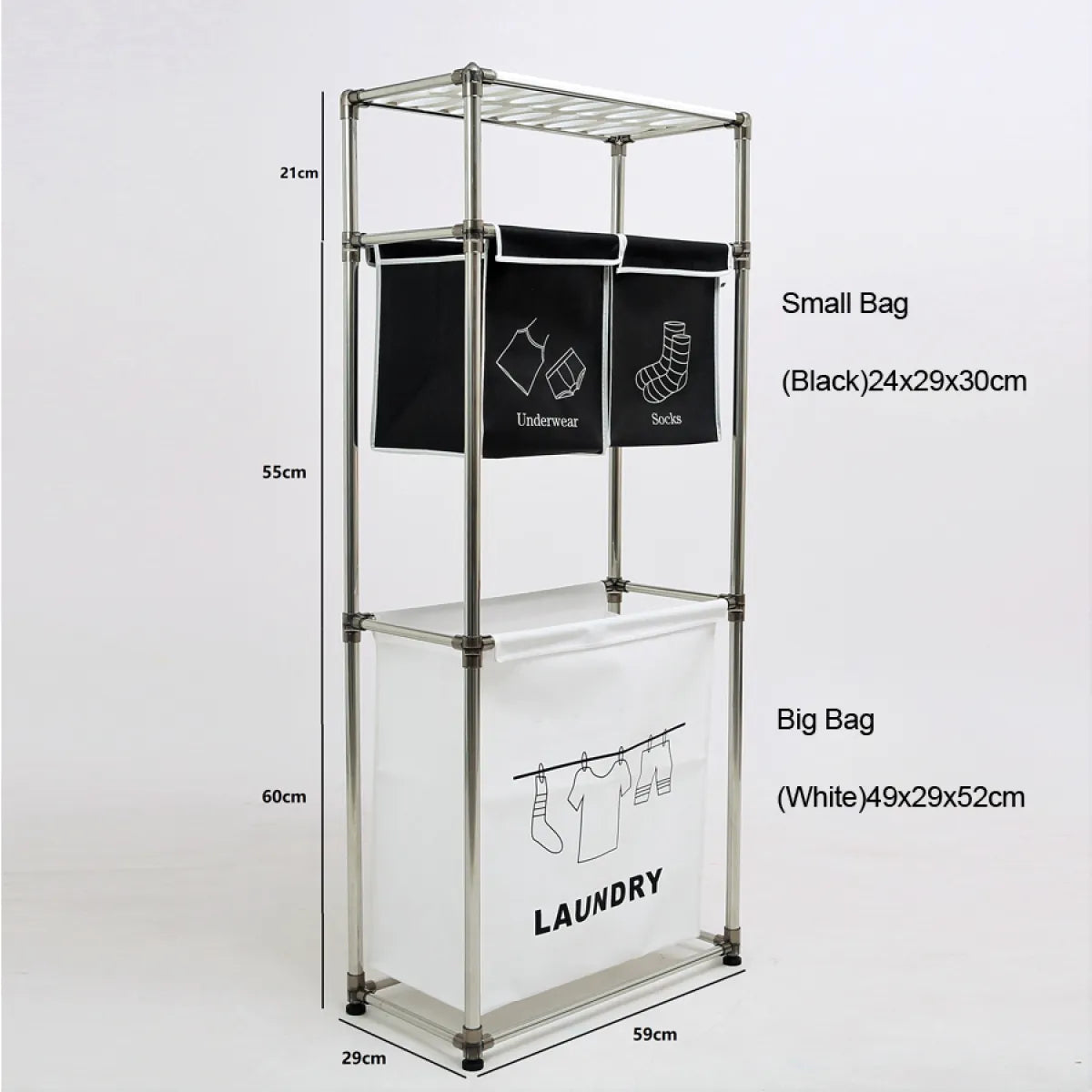 3-Tier Laundry Hamper Sorter with Removable Bags and Hooks, Black White