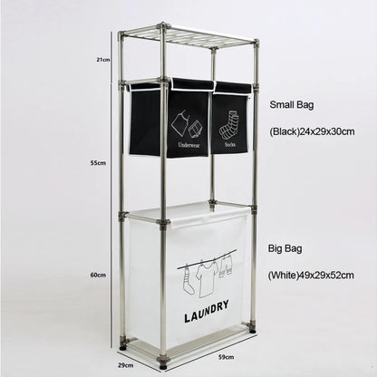 3-Tier Laundry Hamper Sorter with Removable Bags and Hooks, Black White