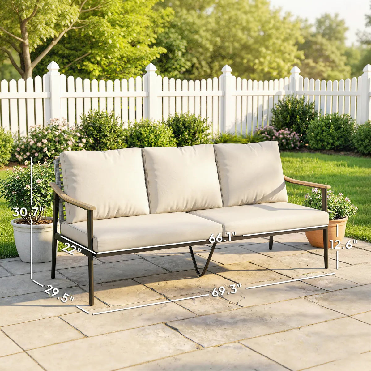 3-Seater Outdoor Patio Sofa with Wood-Effect Armrests, Wicker Backrest and Cushions, Khaki