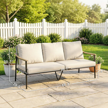 3-Seater Outdoor Patio Sofa with Wood-Effect Armrests, Wicker Backrest and Cushions, Khaki