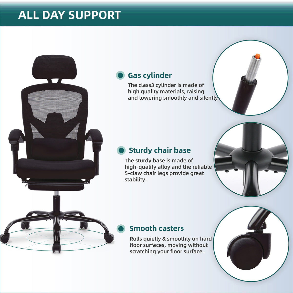 Reclining ergonomic office chair with footrest