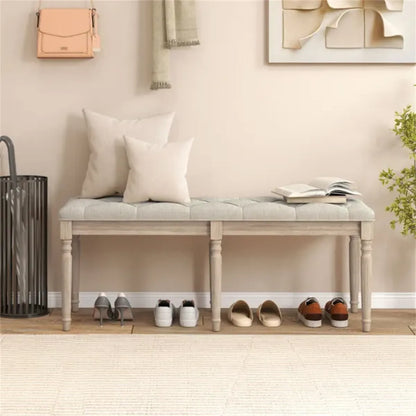 Upholstered Button-Tufted Bench, Beige