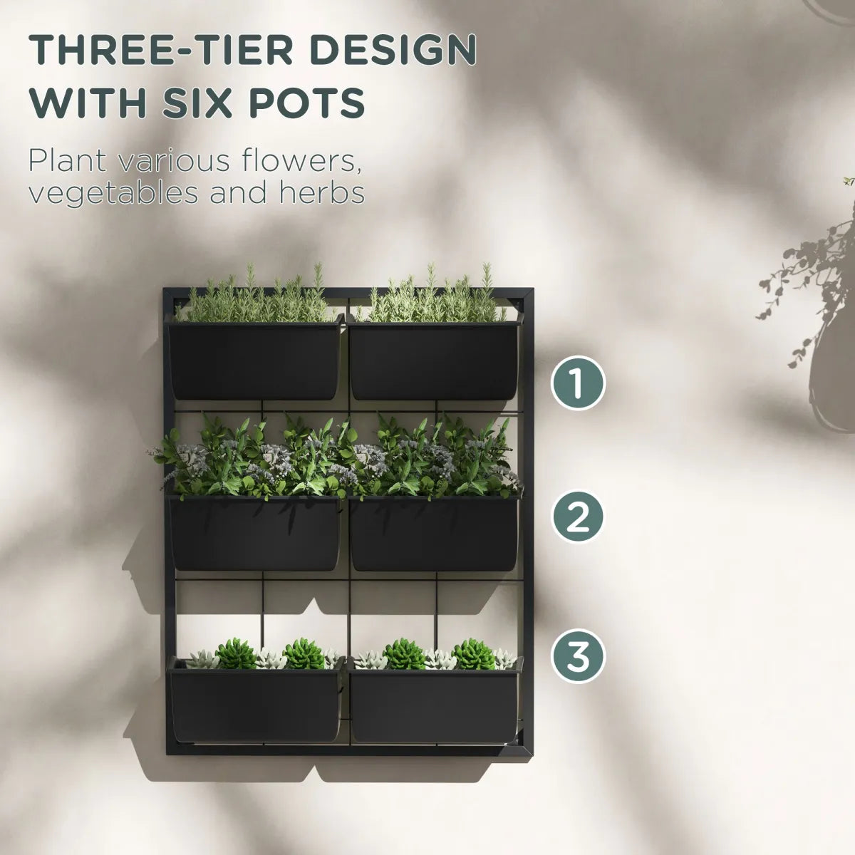 3-Tier Hanging Wall Planter with 6 Self-Draining Pots, Black