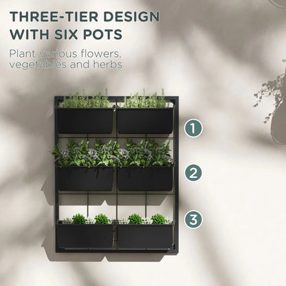 3-Tier Hanging Wall Planter with 6 Self-Draining Pots, Black