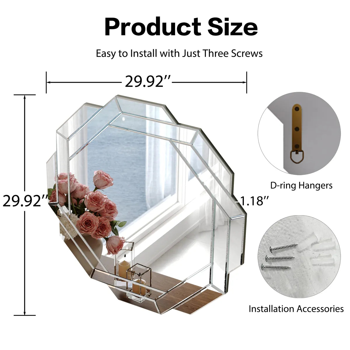Octagonal Frameless Beveled Wall Mirror, Silver