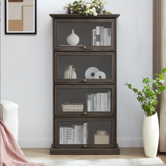 4-Tier Glass Display Cabinet – MDF & Tempered Glass, Brown Living Room Curio Storage