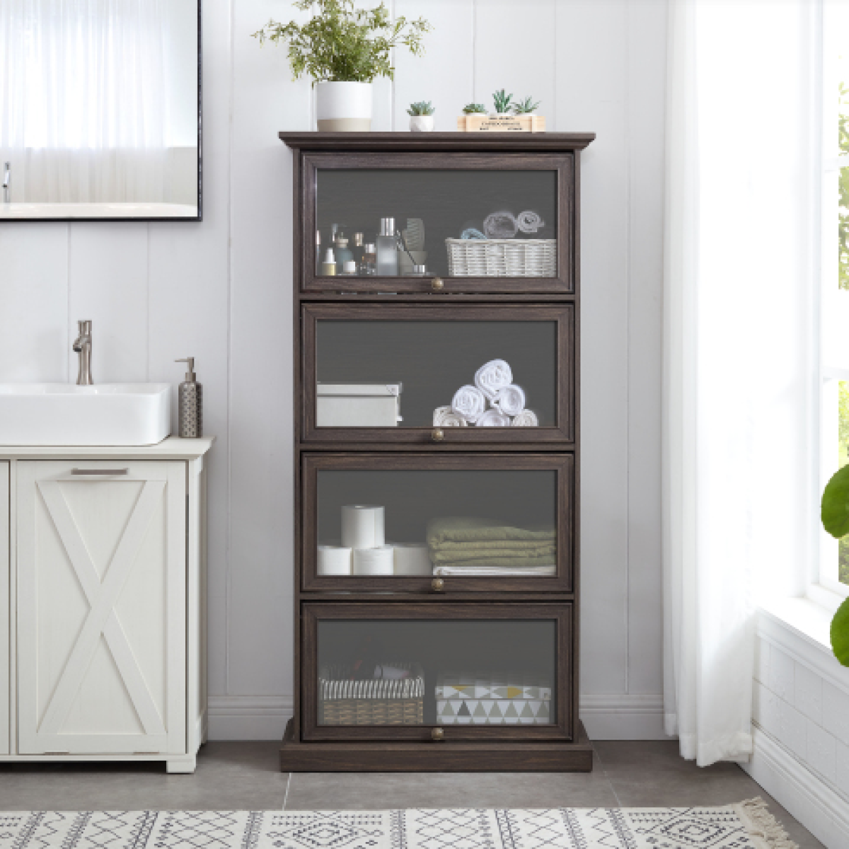 4-Tier Glass Display Cabinet – MDF & Tempered Glass, Brown Living Room Curio Storage – view 8