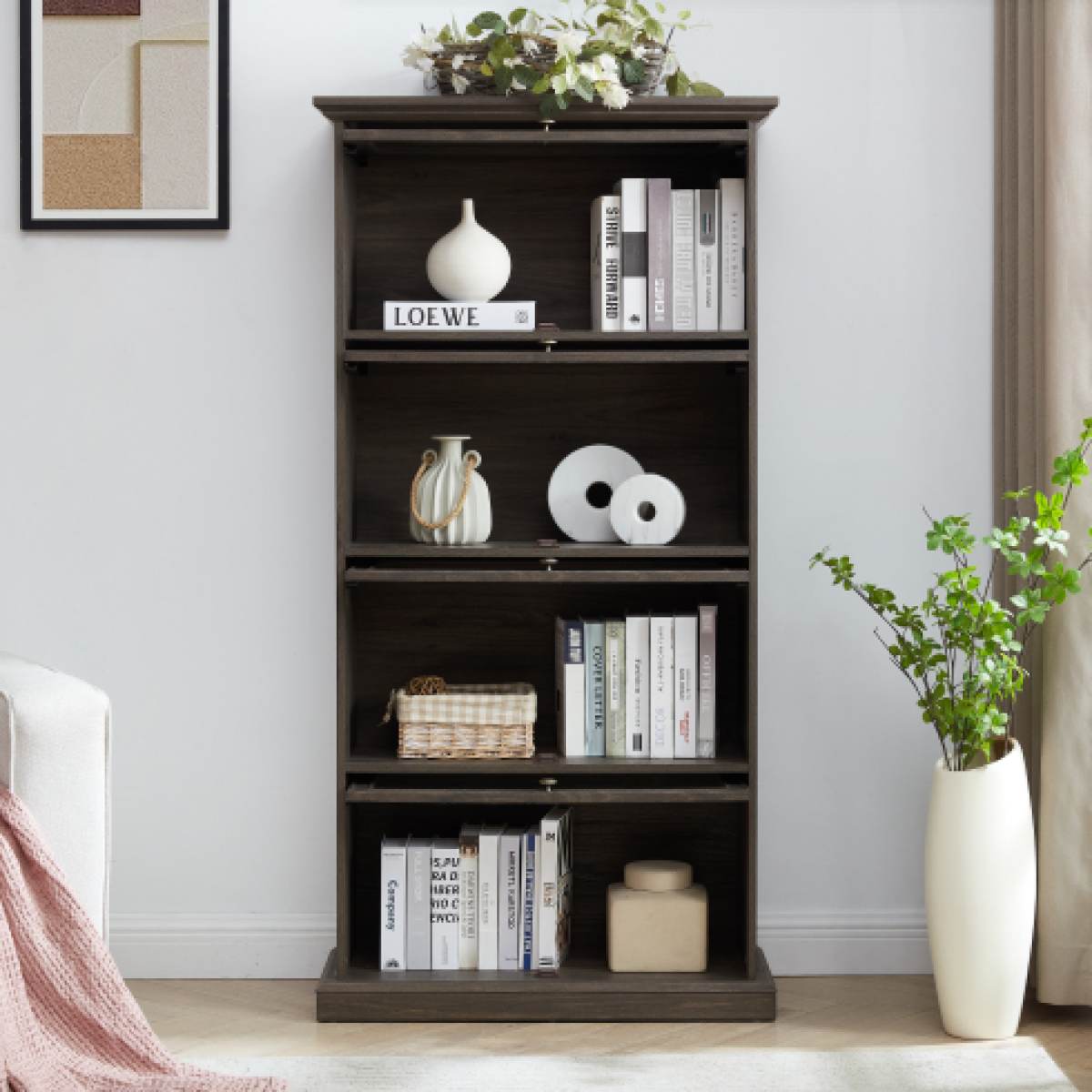 4-Tier Glass Display Cabinet – MDF & Tempered Glass, Brown Living Room Curio Storage – view 9