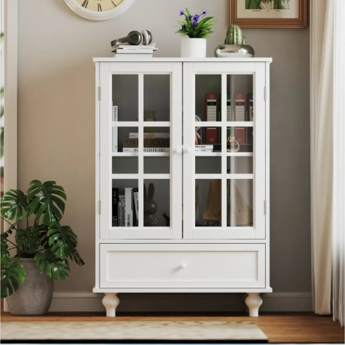 Minimalist White Buffet Cabinet – Double Glass Doors & Drawer, Dining Room Sideboard – view 2