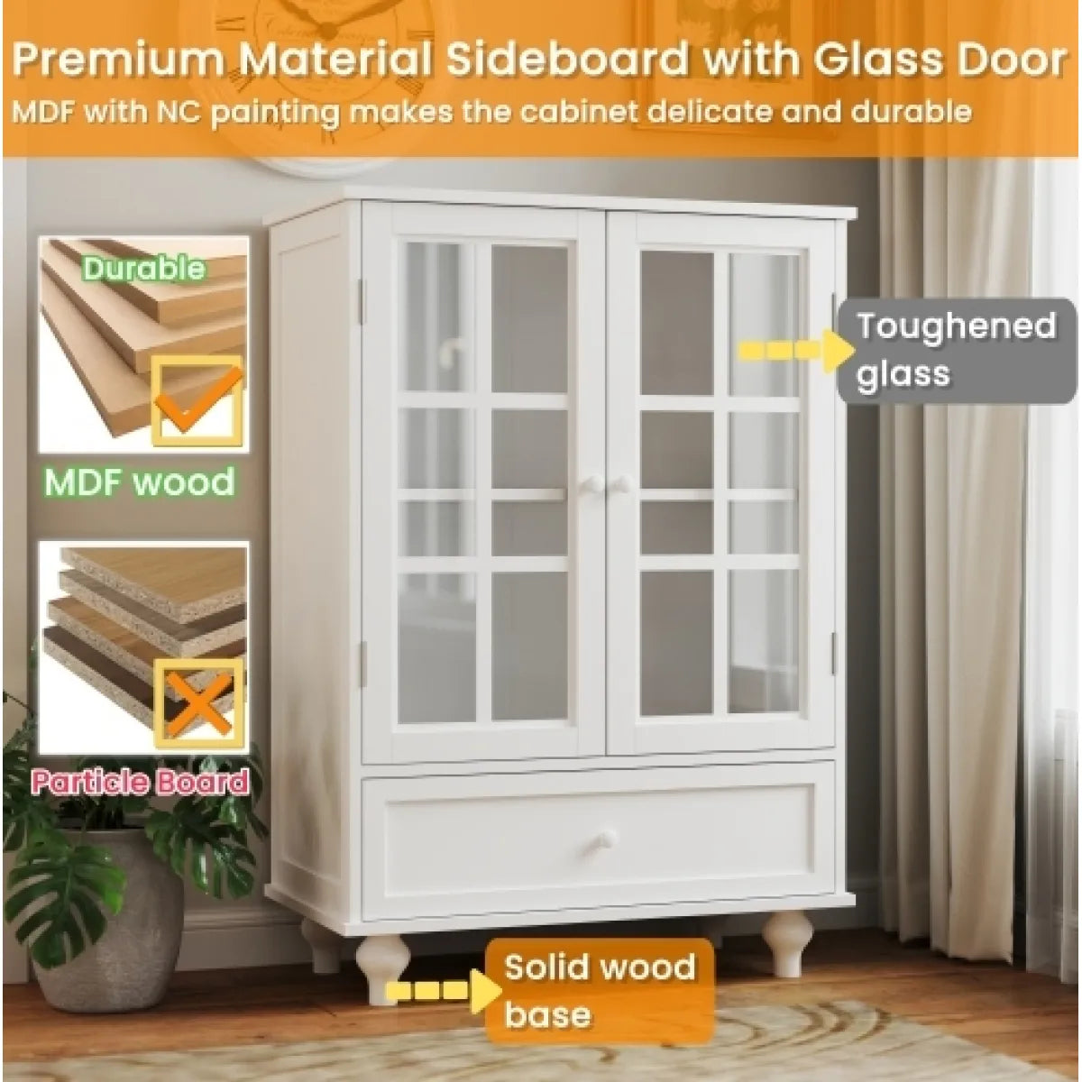 Minimalist White Buffet Cabinet – Double Glass Doors & Drawer, Dining Room Sideboard – view 3