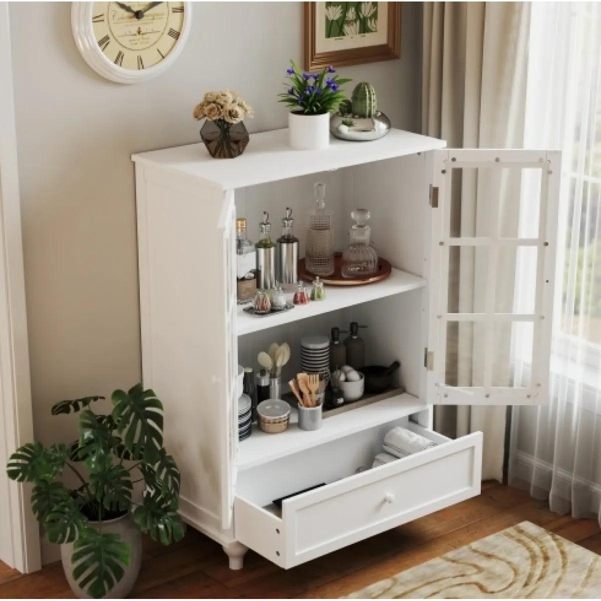 Minimalist White Buffet Cabinet – Double Glass Doors & Drawer, Dining Room Sideboard – view 5
