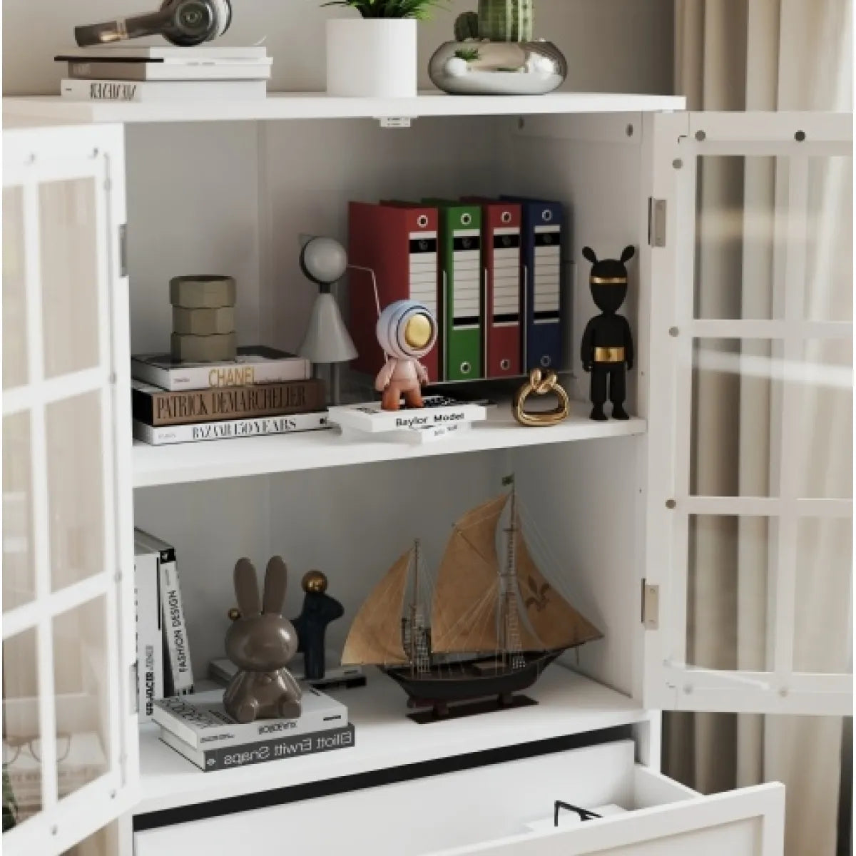 Minimalist White Buffet Cabinet – Double Glass Doors & Drawer, Dining Room Sideboard – view 7
