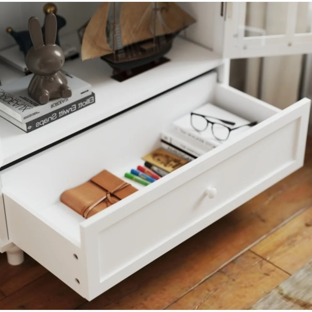 Minimalist White Buffet Cabinet – Double Glass Doors & Drawer, Dining Room Sideboard – view 8