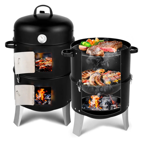 Vertical Steel Charcoal Smoker with Thermometer, Double-Walled Cylindrical Design, Black
