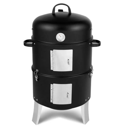 Vertical Steel Charcoal Smoker with Thermometer, Double-Walled Cylindrical Design, Black