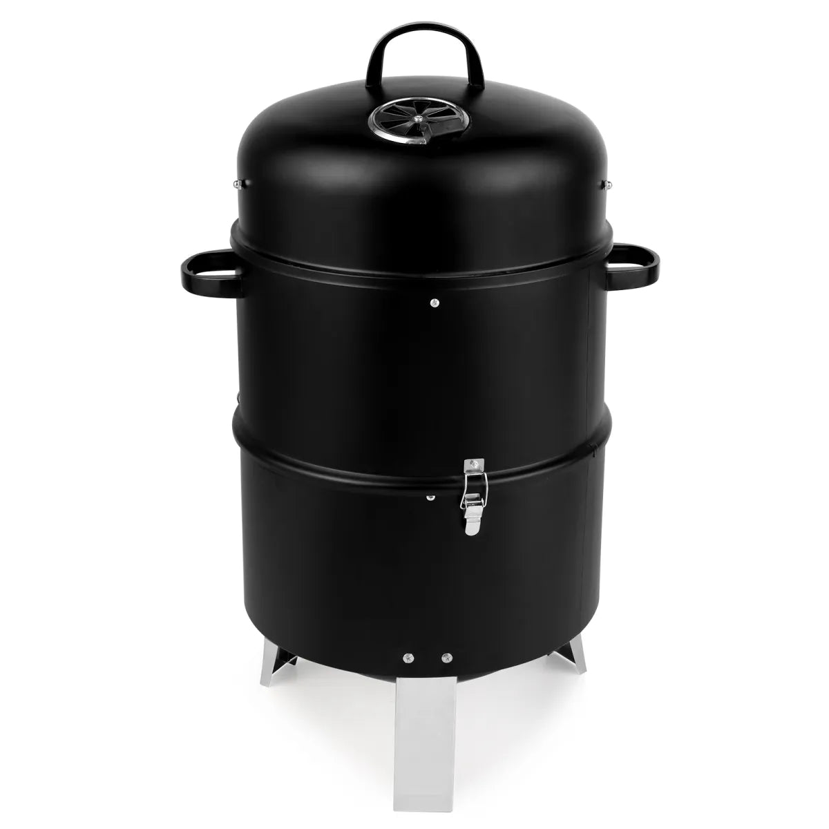 Vertical Steel Charcoal Smoker with Thermometer, Double-Walled Cylindrical Design, Black