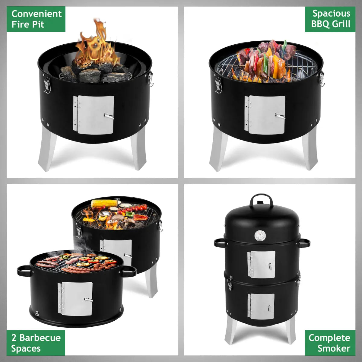 Vertical Steel Charcoal Smoker with Thermometer, Double-Walled Cylindrical Design, Black